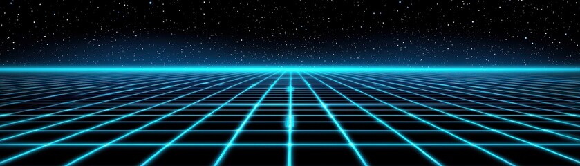 Poster - Futuristic Blue Neon Grid Landscape with Starry Night Sky and Infinite Horizon Perspective