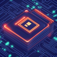 Poster - abstract representation of a microchip with neon glow and circuit board pattern in digital environme