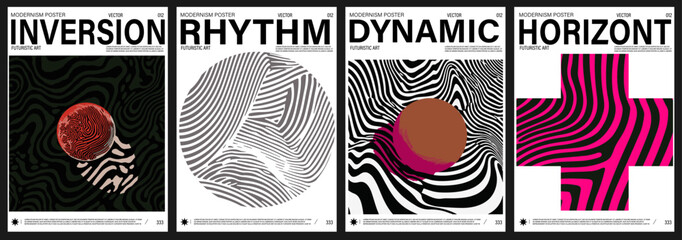 Aufkleber - Vector illustration features four modern posters with bold wavy line art and geometric elements in high-contrast colors. The 