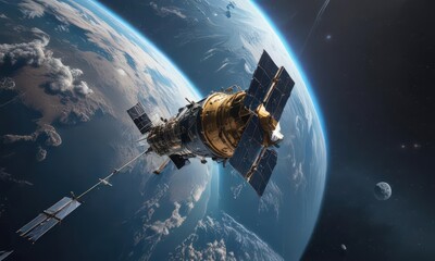 Wall Mural - high-tech satellite orbiting earth, broadcasting internet access , object, astronomy