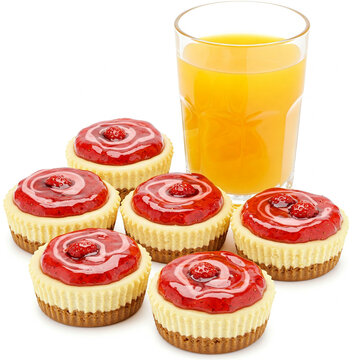 mini cheesecake bites topped with fresh strawberries, served alongside a refreshing glass of juice, 