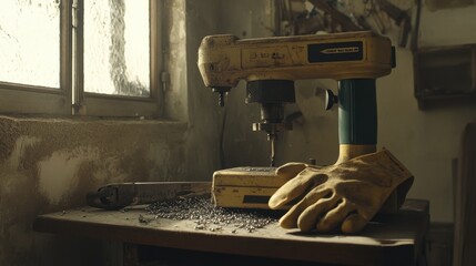Poster - Drill press with metal shavings on base and safety gloves nearby