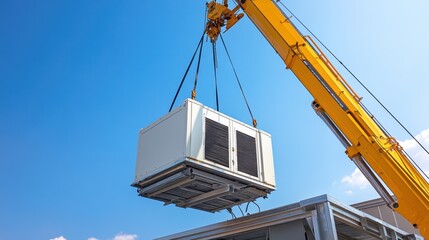 Poster - Heavy crane moving HVAC equipment onto an industrial building rooftop