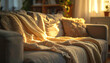 © Sam - Cozy Knit Blanket on Sofa, Golden Hour Light - Hygge