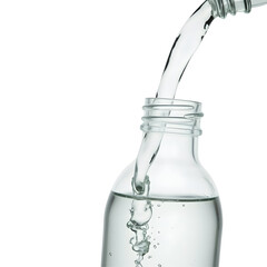 Poster - Capturing Refreshment, Water Pouring into a Sleek Glass Bottle with Graceful Bubbles Creating an Elegant Visual Experience