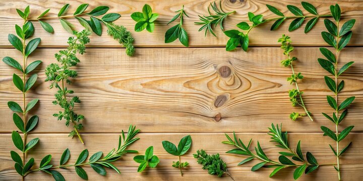 fresh greenery arranged in a symmetrical pattern on a wooden table