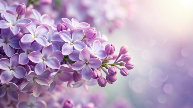 delicate lilac blooms unfurl in soft hues of purple against a serene light background, delicate flow