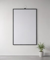 Wall Mural - Sleek modern empty poster frame hanging by clips against a white wall  Ideal for showcasing artwork or design ,  space,  hanging frame,  minimalist