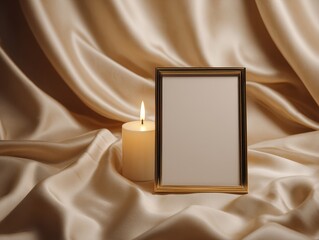 Poster - Elegant empty picture frame next to a lit candle on luxurious gold satin fabric creating a serene and warm atmosphere for artistic displays and invitations