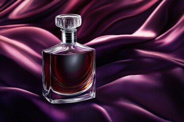 Poster - Elegant dark amber glass bottle on purple silk fabric.