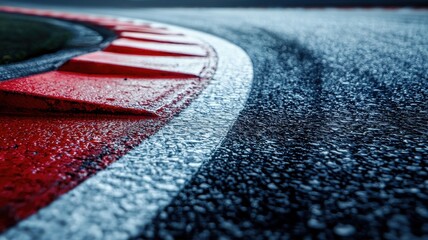 Wall Mural - this close-up image captures the wet surface of an empty f1 track curve, showcasing intricate detail