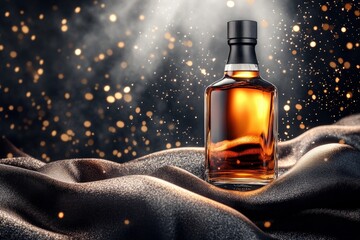 Poster - Elegant liquor bottle display on dark fabric.