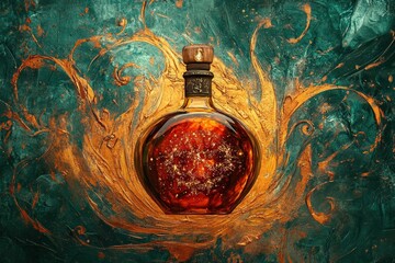 Poster - Ornate bottle, warm amber hues, striking backdrop.