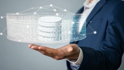 Poster - Database icon over hand with network connections and a man in a suit on a gray background