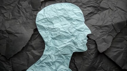 Aufkleber - Crumpled paper head silhouette on dark crumpled paper background art illustration design