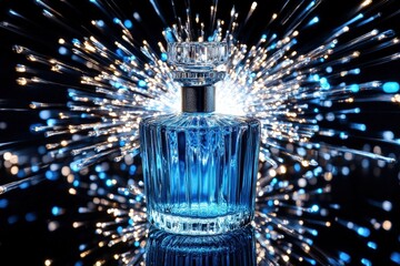 Poster - Luxurious blue perfume bottle with sparkling fireworks.