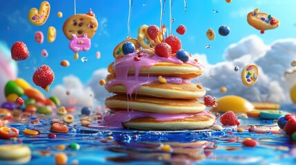 Poster - Delicious breakfast shot of pancakes with rich toppings on an eye-catching blue scene
