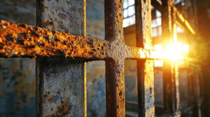 Poster - Detail shot of a rusty iron fence in sunset tones, textures glowing in golden light