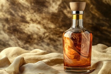 Poster - Elegant glass bottle with swirling liquid, resting on a fabric surface.