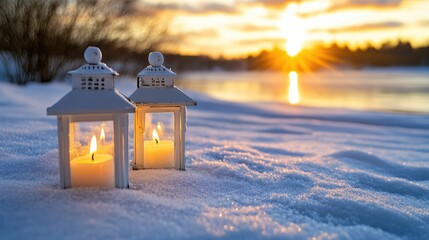 Poster - Flickering candles in vintage white lanterns nestled in fresh snow during a vibrant winter sunset