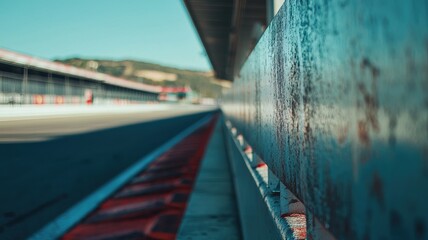 Wall Mural - a close-up shot of an empty f1 track showcasing the sleek barriers and asphalt, highlighting the bea