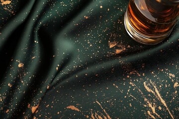 Poster - Close-up view of textured fabric with golden splatters and a glass.