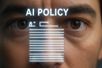 Poster - Close-Up of Human Eyes with Overlay Text of AI Policy in Futuristic Digital Style