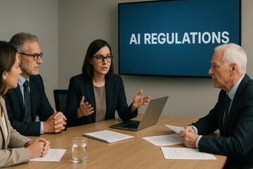 Poster - Professionals Discussing Artificial Intelligence Regulations in Modern Conference Room Setup