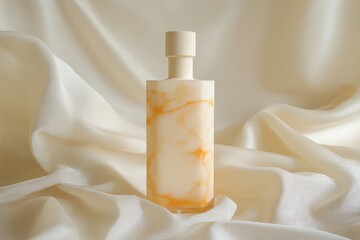 Poster - Cream-colored, marbled bottle, elegant presentation on fabric.