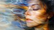 © Af - Abstract woman portrait with flowing light streaks warm and cool colors blend dreamlike and serene mood wellness concept