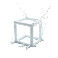 Poster - Dynamic representation of a cube shaped form in liquid white with precise edges showcasing fluid mechanics and contemporary design elements