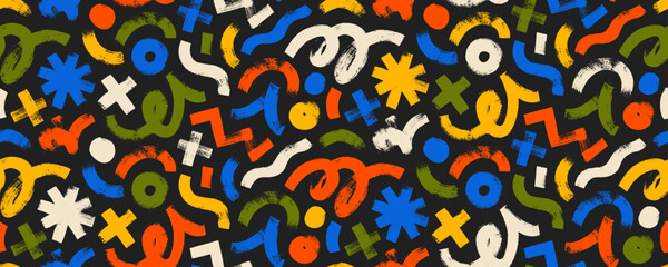 Poster - Colorful seamless banner design with brush drawn funky shapes and figures. Bold curved lines and squiggles.