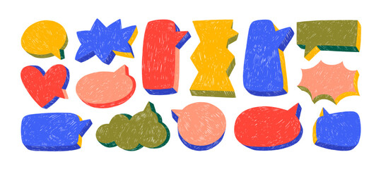 Aufkleber - Colorful crayon drawn three-dimensional speech bubbles. Hand drawn vector funky talk balloons. Colorful communication speech bubbles collection. Crayon chalk doodle text clouds. Blank shapes.