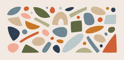 Fototapete - Funky abstract geometric organic shapes drawn with pastel colored crayon. Hand drawn vector figures, stickers and childish organic graphic elements. Crayon drawn colorful shapes, scribbled figure