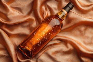 Poster - Elegant bottle of amber liquid on luxurious fabric.