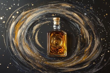 Poster - Golden liquor bottle set against a cosmic swirl design.