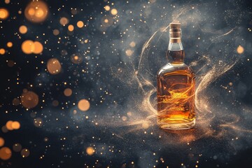 Poster - Elegant amber liquor bottle amidst swirling, luminous dust.