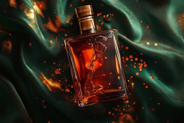 Poster - Luxurious bottle of amber liquid on draped fabric.