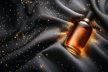 Poster - Luxurious perfume bottle resting on draped fabric with gold glitter.