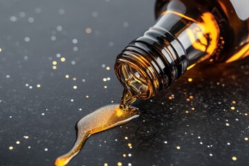 Poster - Amber liquid pouring from a dark bottle onto a glittery surface.