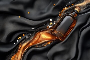 Poster - Elegant dark cosmetic product display on luxurious fabric.