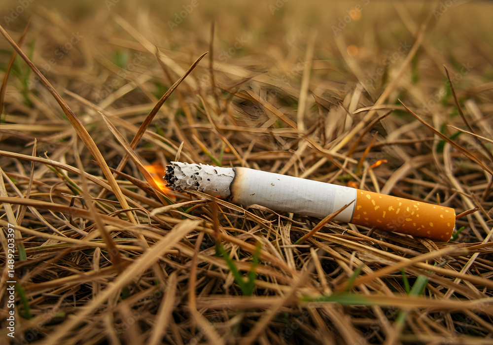 Burning cigarette in dry grass Stock Photo