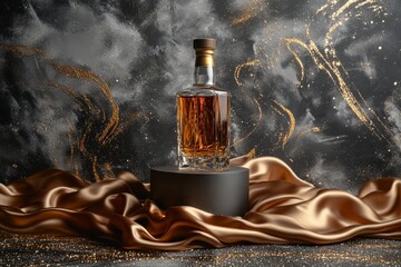 Poster - Elegant bottle displayed on a podium draped in rich fabric.