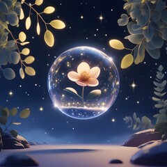 Wall Mural - A delicate flower is enclosed within a glowing bubble amidst a dreamy, star-filled night sky. Surrounded by softly lit leaves and rocks, the scene conveys a sense of tranquility and enchantment.
