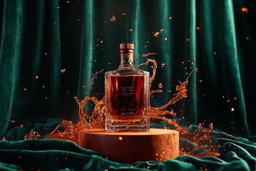 Poster - A bottle of amber liquid surrounded by dynamic splashes.