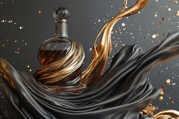 Poster - Luxurious bottle draped in flowing dark fabric with gold accents.