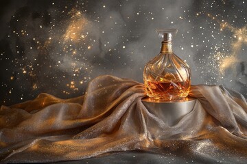 Poster - Elegant glass bottle resting on a pedestal draped in fabric.