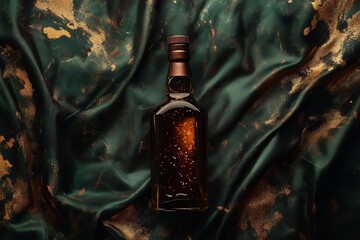 Poster - Dark amber bottle rests on textured fabric.
