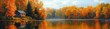 © dgete - Peaceful wooden cabin beside a calm lake surrounded by vibrant autumn trees with golden and orange leaves reflecting on the water under a soft cloudy sky