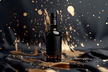 Poster - Elegant black bottle with gold accents on a draped surface.